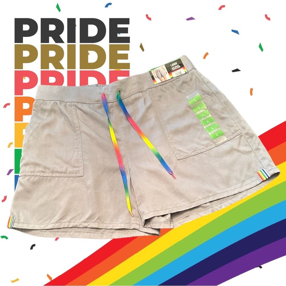 NWT Rainbow Gay Pride Gray Unisex Shorts with rainbow on sides Size L